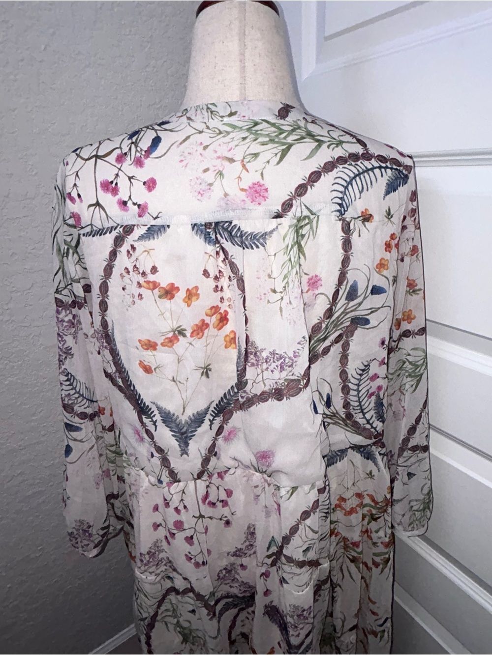 New, FAIRHOPE Floral Feather Print Ruffle Tier Tunic Cottage Long Sleeve Dress - Picture 4 of 12
